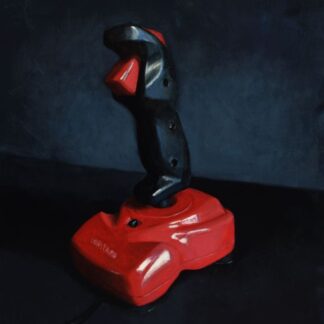 Original arcade joystick painting 'Quickjoy III: Supercharger' by Bart Carels, capturing retro gaming energy