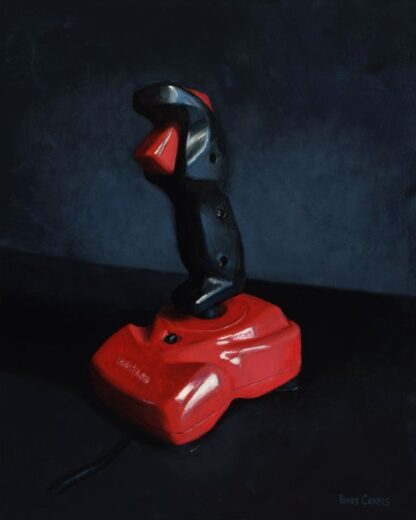 Original arcade joystick painting 'Quickjoy III: Supercharger' by Bart Carels, capturing retro gaming energy