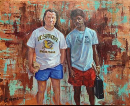 Pulp Fiction cleanup painting by Bart Carels – Jules and Vincent in borrowed clothes