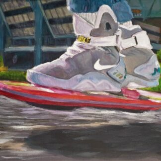 Back to the Future painting of Marty McFly riding a hoverboard in Part II, with Nike Mags and neon colors, by Bart Carels