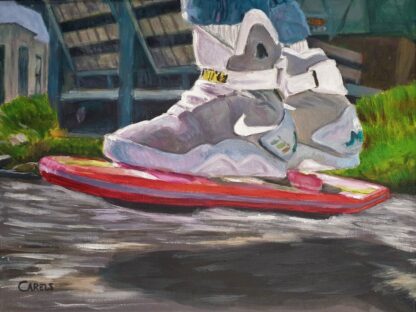 Back to the Future painting of Marty McFly riding a hoverboard in Part II, with Nike Mags and neon colors, by Bart Carels