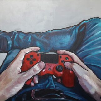 First-person gamer painting with red PS4 controller and denim jeans