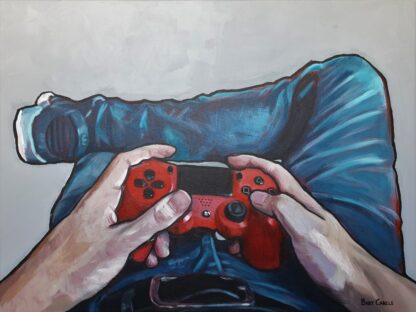 First-person gamer painting with red PS4 controller and denim jeans