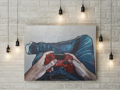Console gamer painting displayed on wall with hanging light bulbs