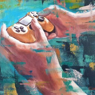 Gamer painting by Bart Carels – hands holding a yellow PS4 controller in abstract style