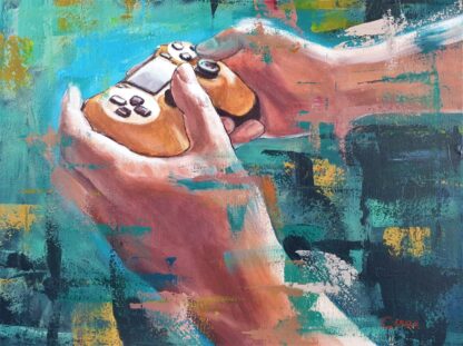 Gamer painting by Bart Carels – hands holding a yellow PS4 controller in abstract style