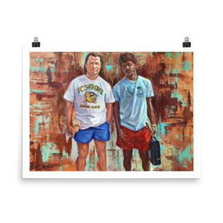 Pulp Fiction art print by Bart Carels depicting Jules and Vincent in borrowed clothes after Winston Wolfe’s cleanup.