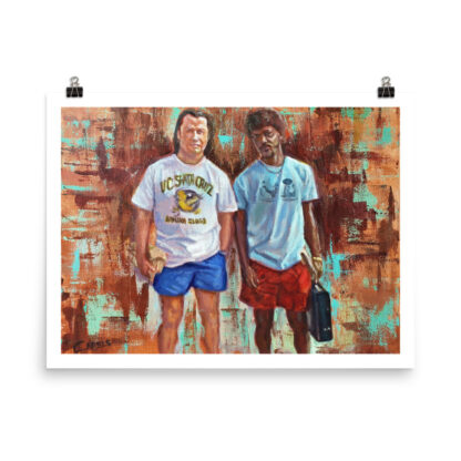 Pulp Fiction art print by Bart Carels depicting Jules and Vincent in borrowed clothes after Winston Wolfe’s cleanup.