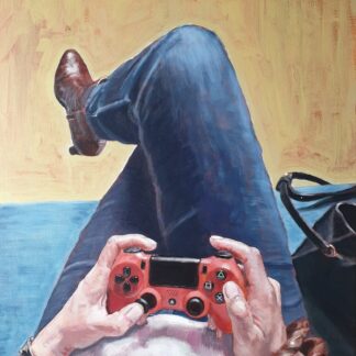Casual Gamer Painting by Bart Carels – first-person view holding a red PS4 controller