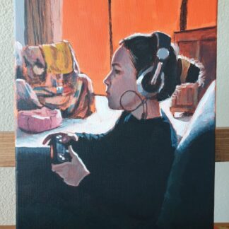 Gamer girl painting by Bart Carels – Girl with a Black Joypad inspired by Vermeer