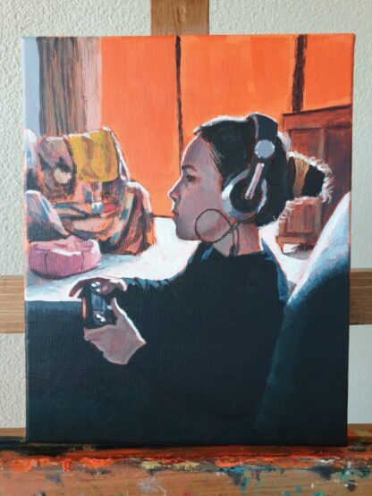 Gamer girl painting by Bart Carels – Girl with a Black Joypad inspired by Vermeer