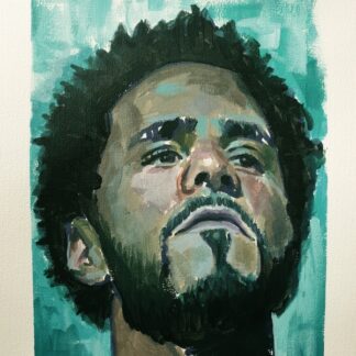 J Cole painting by Bart Carels – expressive hip-hop portrait in cool tones
