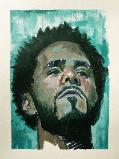J Cole painting by Bart Carels – expressive hip-hop portrait in cool tones