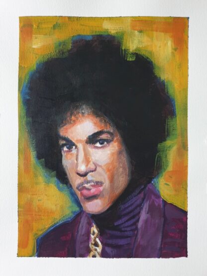 Original acrylic painting on paper of Prince by Bart Carels, capturing dynamic energy and iconic style.