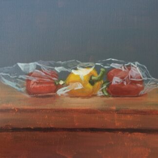 Original canvas painting of bell peppers still wrapped in plastic by Bart Carels, capturing a unique food still life.