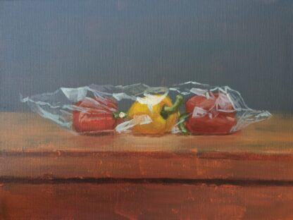 Original canvas painting of bell peppers still wrapped in plastic by Bart Carels, capturing a unique food still life.