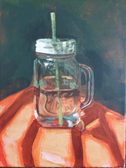 Cool Lemonade painting in a mason jar on an orange cloth