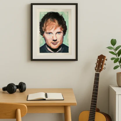 Ed Sheeran original painting displayed in a modern music room with guitar and headphones