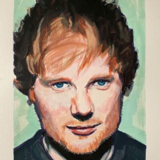 Original acrylic painting on paper of Ed Sheeran by Bart Carels, capturing dynamic energy and vibrant colors.