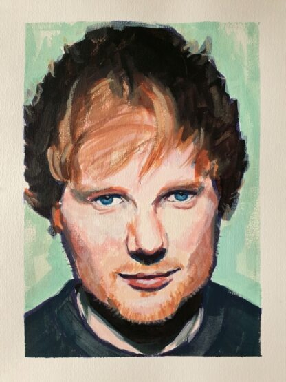 Original acrylic painting on paper of Ed Sheeran by Bart Carels, capturing dynamic energy and vibrant colors.