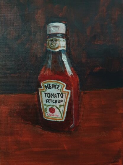 Original ketchup bottle painting 'Time to Ketchup' by Bart Carels, a witty pop art piece.