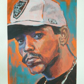 Original acrylic painting on paper of Hustler Ice-T by Bart Carels, capturing urban energy and bold style.