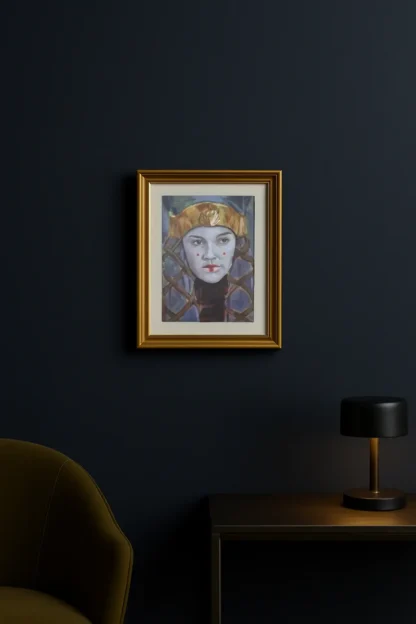 Padmé Amidala painting in gold frame – original Star Wars portrait artwork displayed on dark blue wall