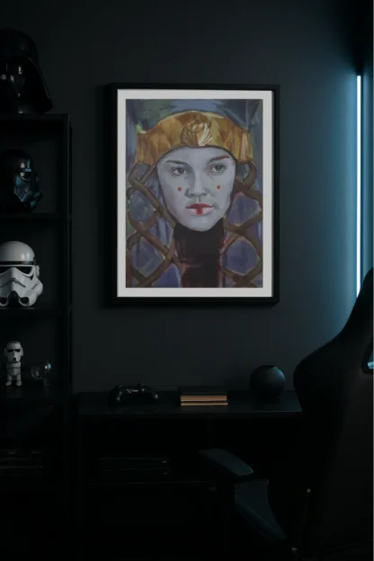 Queen Amidala Star Wars art print displayed on a dark wall with collectibles