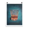 Whiskey glass poster by Bart Carels showing a cut-crystal tumbler with amber whisky against a teal background.
