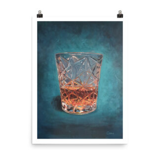 Whiskey glass poster by Bart Carels showing a cut-crystal tumbler with amber whisky against a teal background.