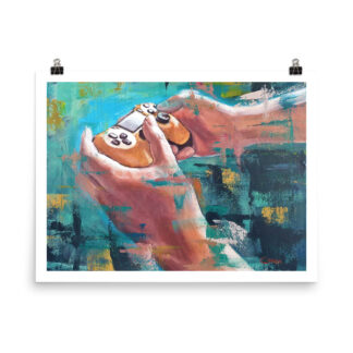 In Control’ video game poster by Bart Carels, depicting hands on a controller against an abstract background.