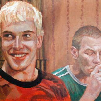 Trainspotting painting by Bart Carels showing two men, one smiling and one smoking