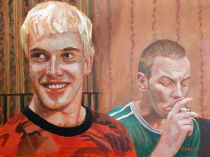 Trainspotting painting by Bart Carels showing two men, one smiling and one smoking