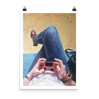 video game poster by Bart Carels – immersive gaming art print featuring a focused gamer with a PS4 controller
