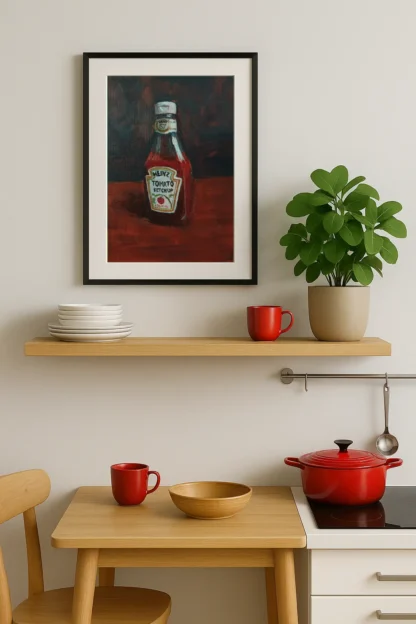 Ketchup bottle art print displayed in a modern kitchen with light wood furniture and red accents