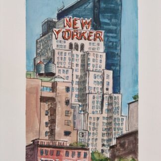 Mixed media artwork of the New Yorker Hotel in NYC by Bart Carels, created with fineliner, markers, and acrylic paint