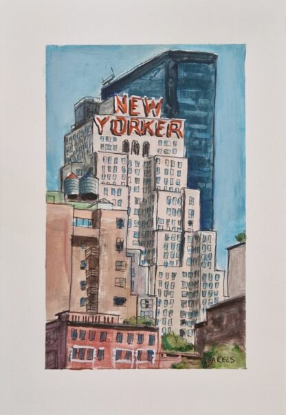 Mixed media artwork of the New Yorker Hotel in NYC by Bart Carels, created with fineliner, markers, and acrylic paint