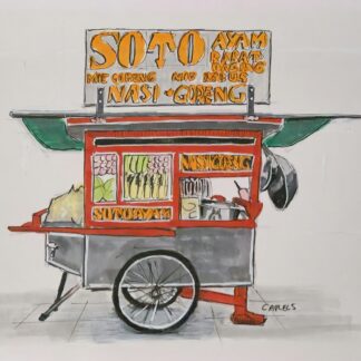 Hand-drawn Indonesian Soto Ayam street food cart