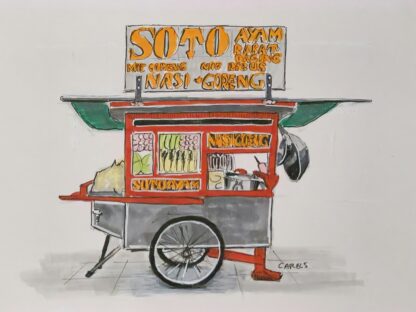 Hand-drawn Indonesian Soto Ayam street food cart