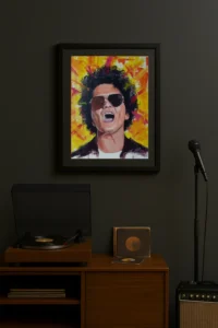 Bruno Mars painting framed on a dark studio wall with record player, vinyl, microphone, and amp